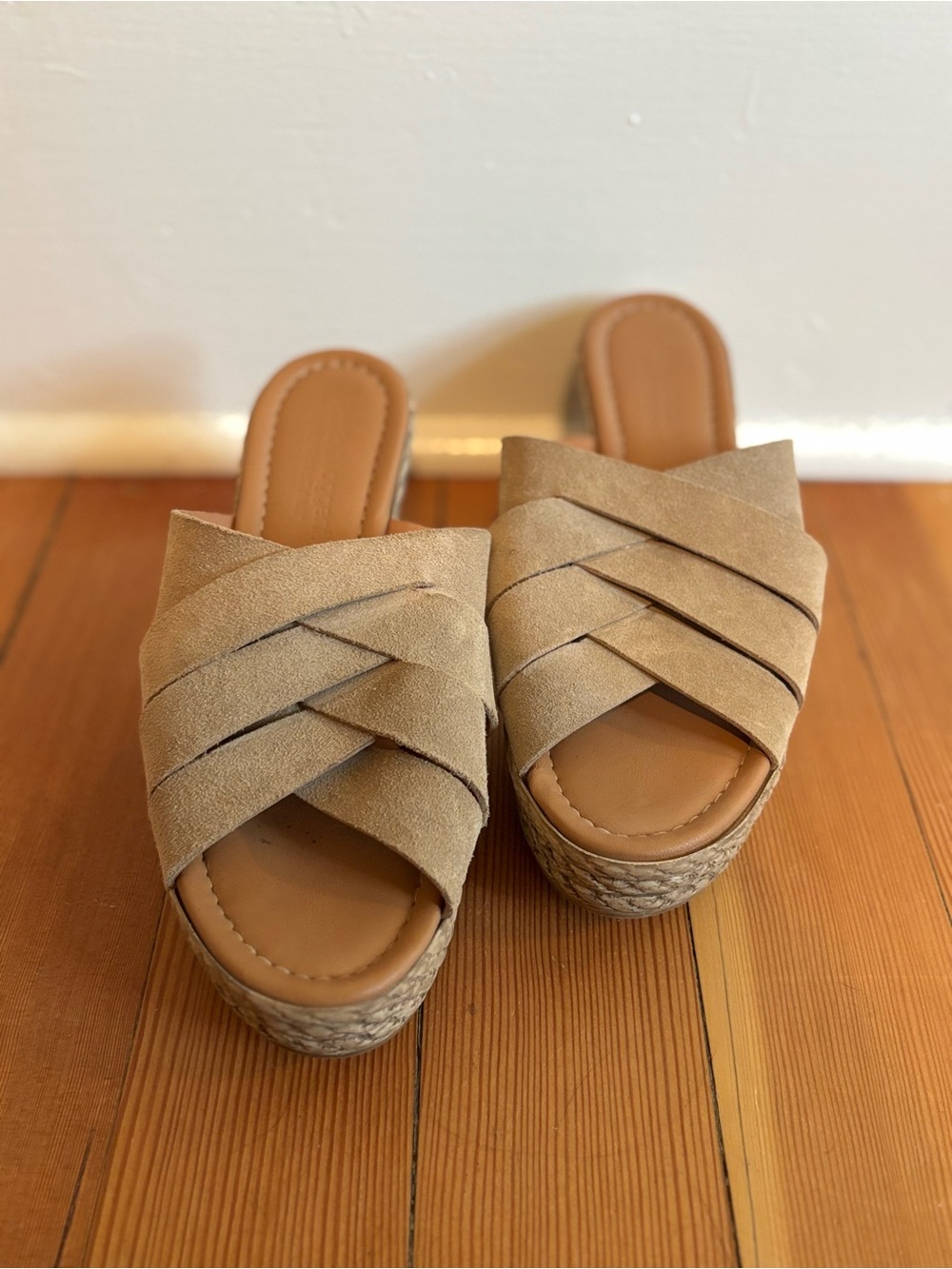 Womens Tan Suede Crisscross Espadrille Wedge Slide